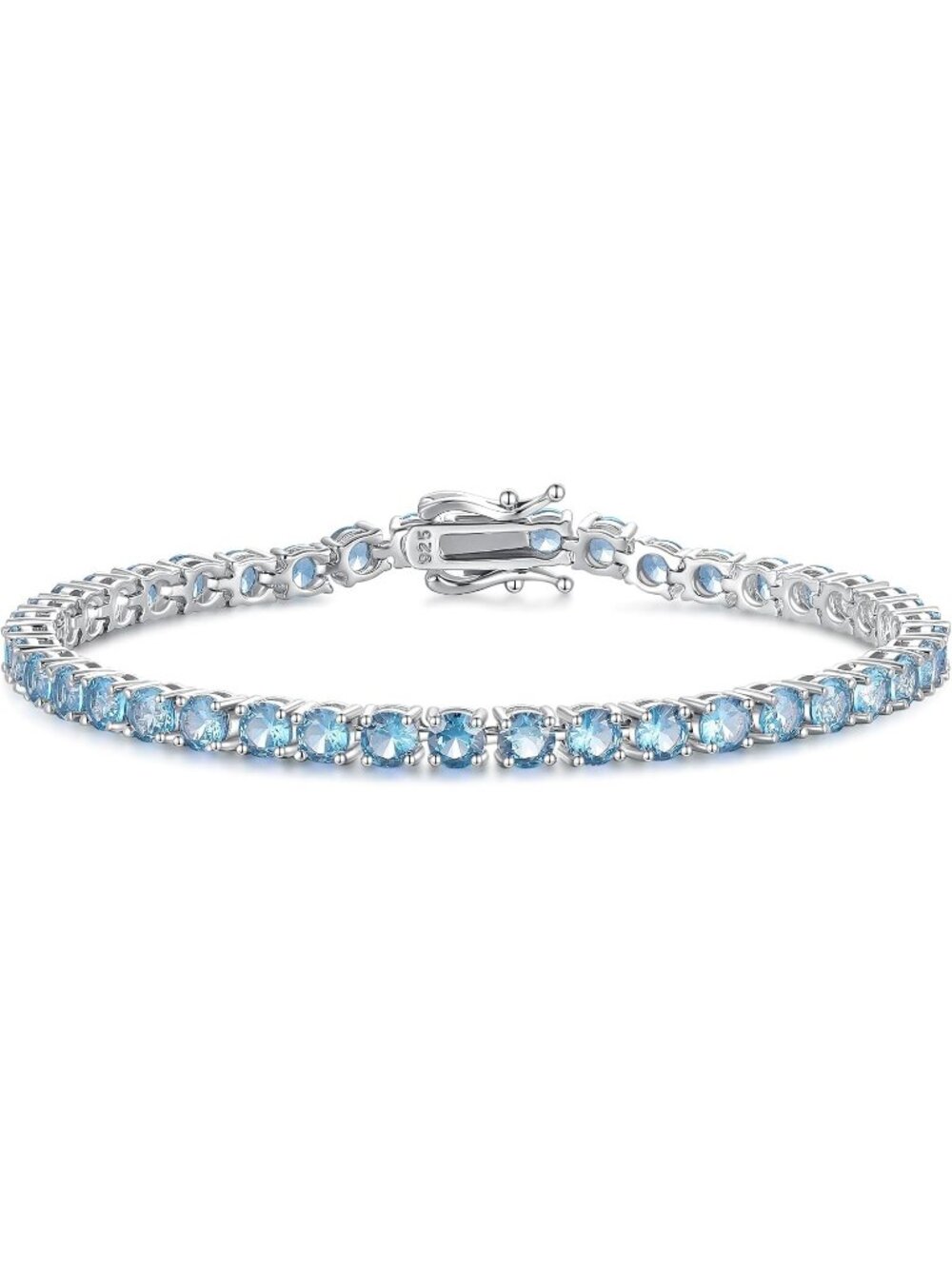 Women's 7.2 Inch 4mm Aquamarine Sterling Silver Birthstone Gemstone Bracelet